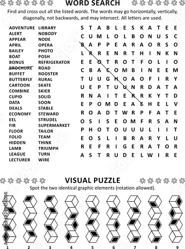 Puzzle page with two brain games: general knowledge non-themed word search puzzle (English language) and visual puzzle.  Black and white, A4 or Letter sized.
