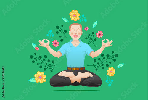 Poster for yoga class. Man in meditation pose and floral pattern on background. Vector illustration.