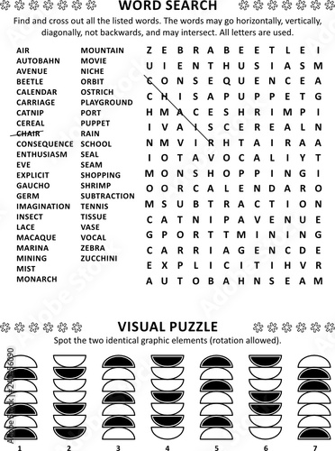 Puzzle page with two brain games: general knowledge non-themed word search puzzle (English language) and visual puzzle.  Black and white, A4 or Letter sized.
