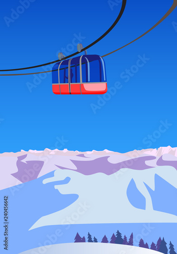 Ski and snowboard recreation poster design. A winter mountain landscape. Vector illustration.
