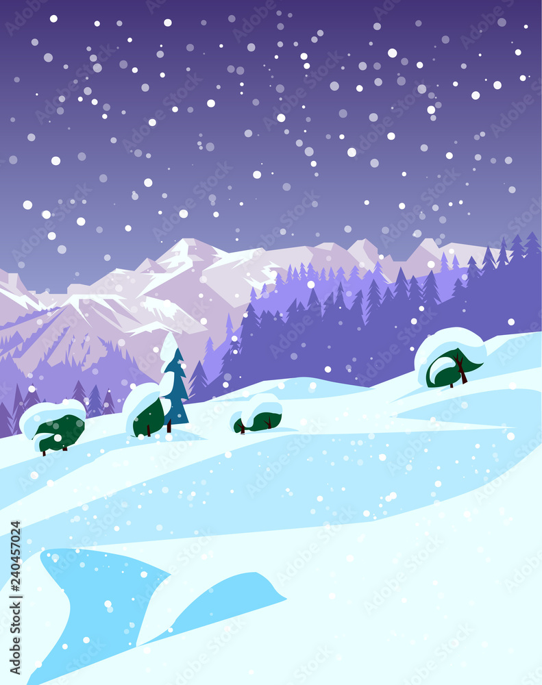 Ski and snowboard recreation poster design. A winter mountain landscape. Vector illustration.
