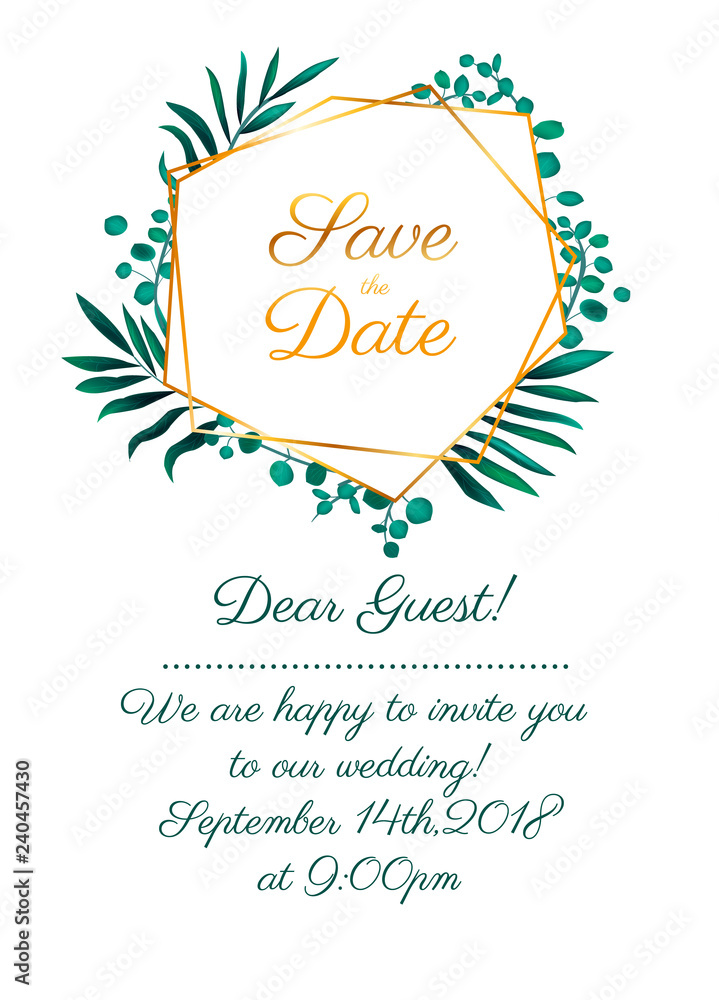 Wedding invitation design collection with eucalyptus leaves. Vector illustration.