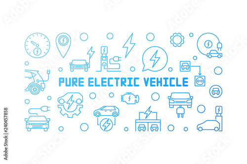 Pure electric vehicle blue modern horizontal banner or illustration in outline style on white background