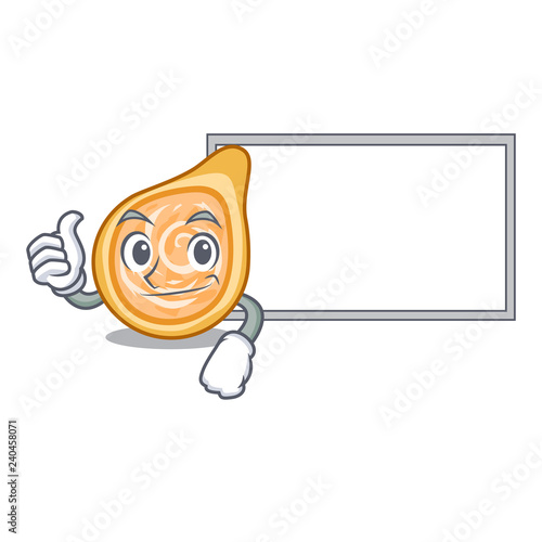 Thumbs up with board chicken coxinhas on the table cartoon