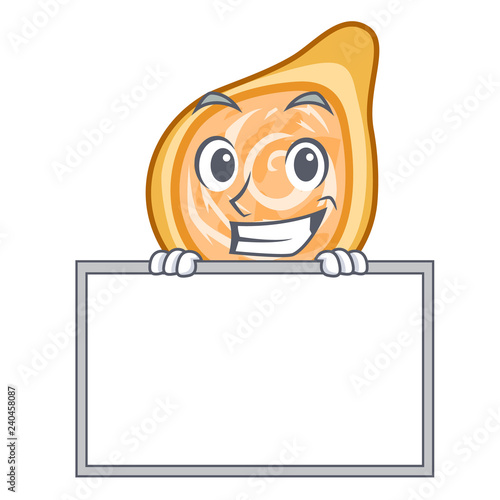 Grinning with board chicken coxinhas on the table cartoon
