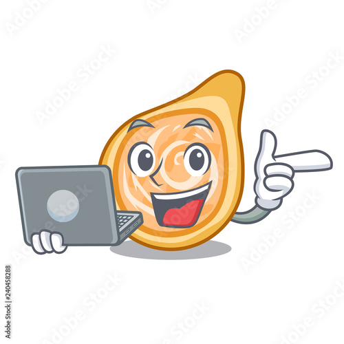 With laptop chicken coxinhas on the table cartoon