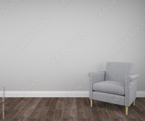 Empty room with parquet floor, grey wall and armchair. 3d rendering