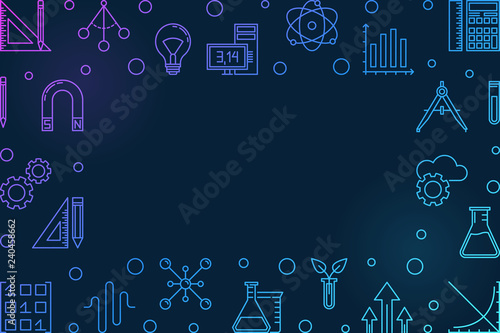 STEM blue horizontal frame with empty space for text. Vector education bright illustration in thin line style on dark background