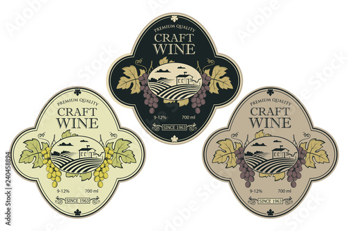 collection of vintage labels for wine bottles with grapes