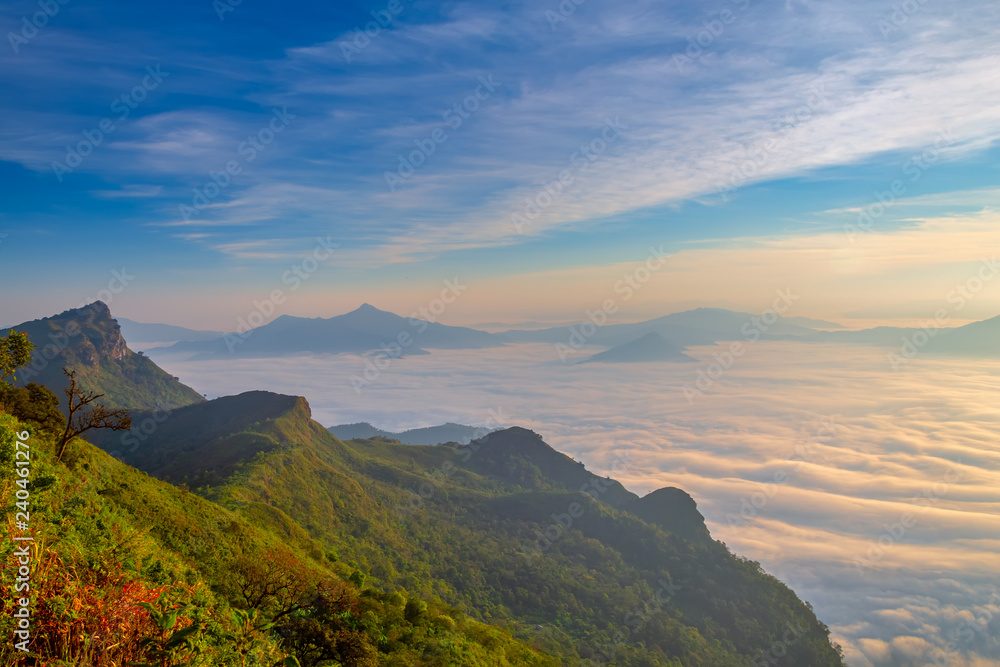 Fototapeta premium Landscape of sunrise on Mountain at of Phu Chi Dao ,Thailand