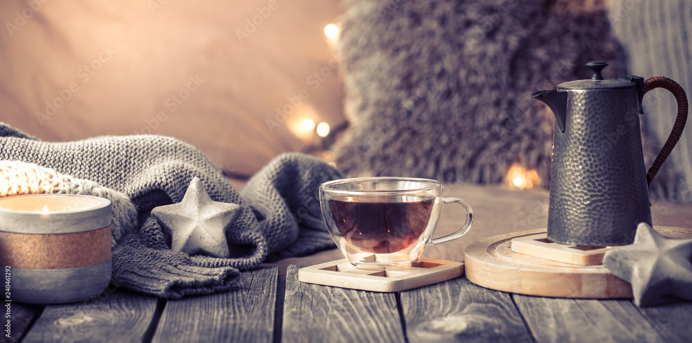 home comfort, details of the festive interior on a wooden table