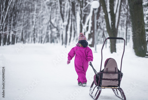 little girl carries a sled in the Park, an independent child.