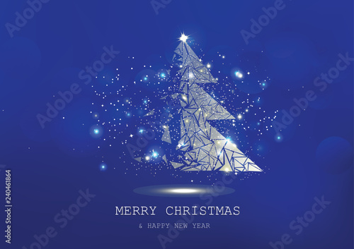 Merry Christmas, tree polygon, confetti, golden glowing particles scatter, poster, postcard Blue luxury in winter background seasonal holiday vector illustration