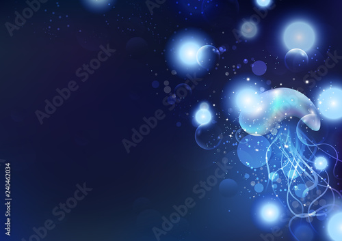 Jellyfish and microbes, blue ocean glowing particles sparkle, fantasy animals with bubbles in deep sea abstract background, scatter bright, vector illustration