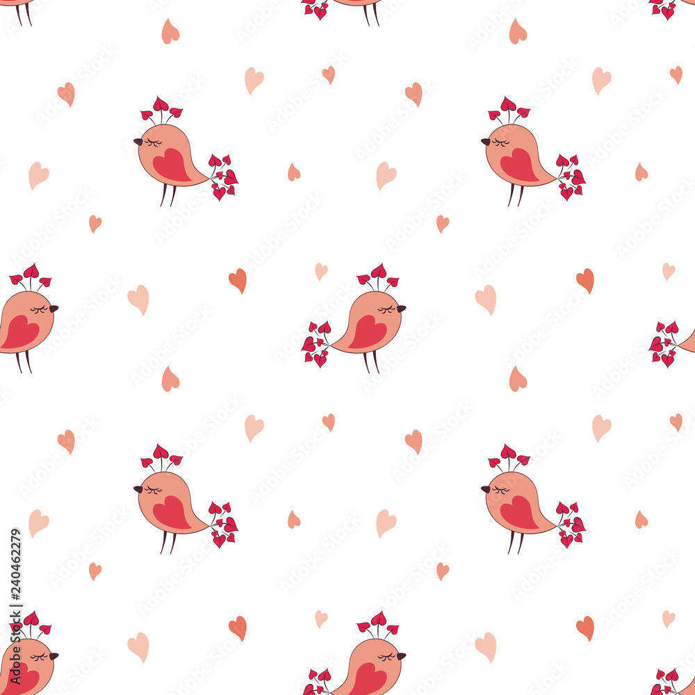 Valentine seamless pattern with cute birds. Vector illustration isolated on a white background.