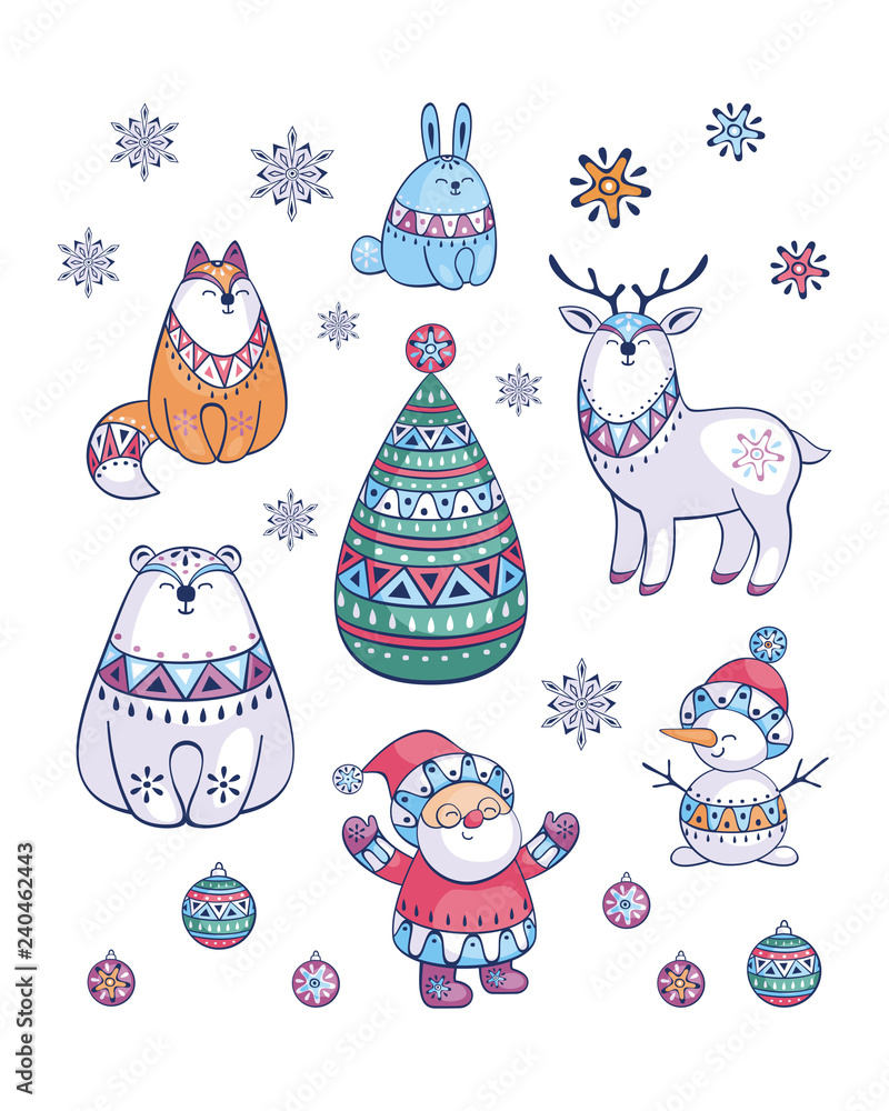 Santa Claus and cute animals in ethnic style. Christmas illustration isolated on a white background. Vector set. Santa Claus and cute animals in ethnic style. Christmas illustration isolated on a white background. Vector set.