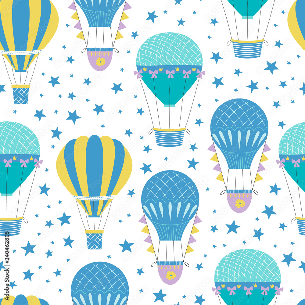 Hot air balloon repeat pattern. Cute nursery background. Retro print. Vector illustration. Hot air balloon repeat pattern. Cute nursery background. Retro print. Vector illustration.