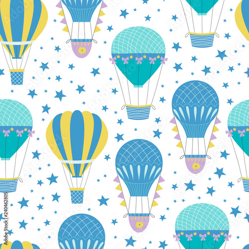 Hot air balloon repeat pattern. Cute nursery background. Retro print. Vector illustration. © anatartan