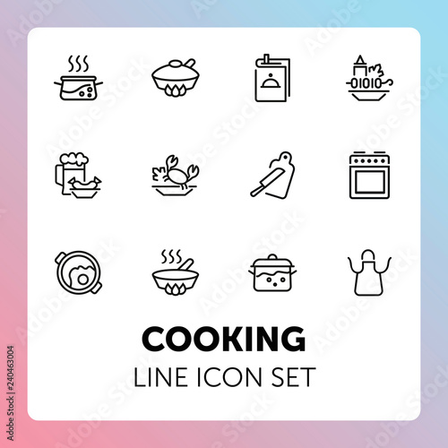 Cooking line icon set. Set of line icons on white background. Kitchenware concept. Knife, frying pan, stewing.  Vector illustration can be used for topics like cooking, food, kitchen