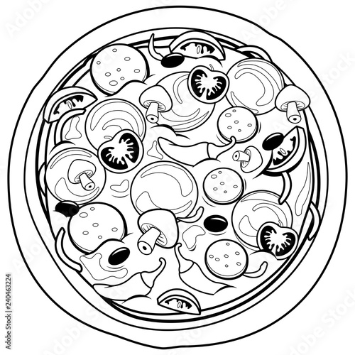 Pepperoni pizza with tomato and cheese. Vector black and white coloring page.