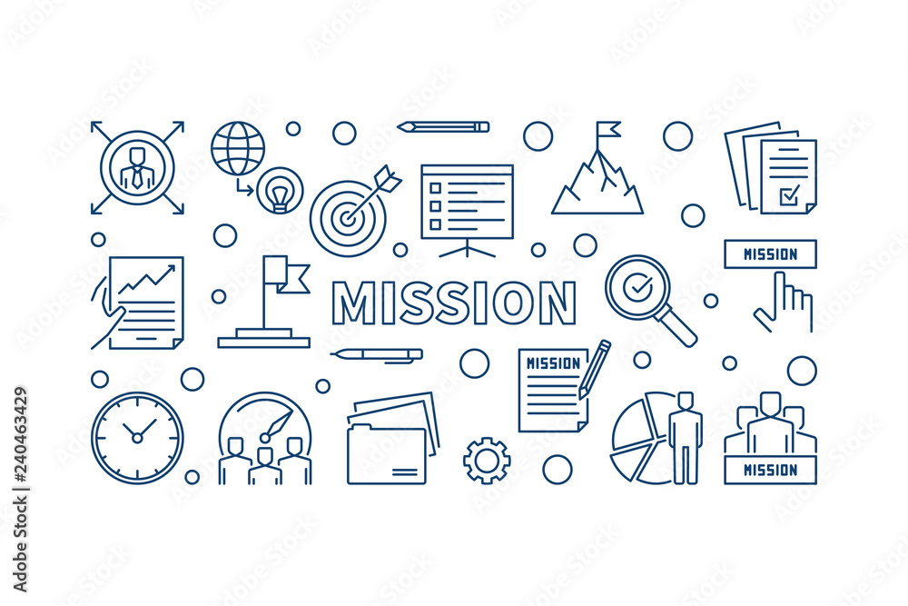 Vector Mission blue concept outline horizontal illustration or banner on white background Vector Mission blue concept outline horizontal illustration or banner on white background