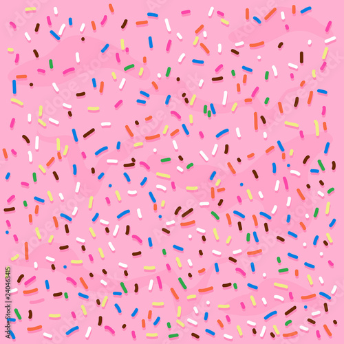 Pink cream frosting with colorful sprinkles. Vector background illustration