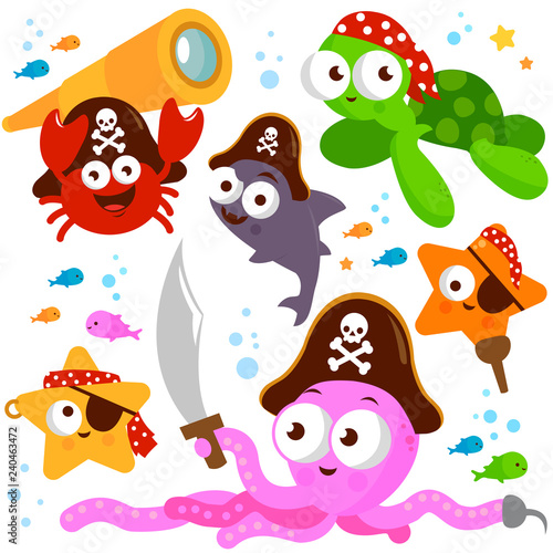 Set of pirate sea animals with swords, spyglass, hooks and pirate hats. Vector illustration