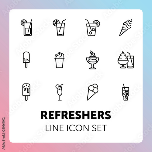 Refreshers line icon set. Cola, ice cream, lemonade. Drink concept. Can be used for topics like cafe, menu, food