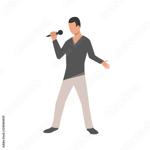 Male singer with mic flat icon. Man, comic, karaoke. Show concept. Vector illustration can be used for topics like vocal, pop music, standup show