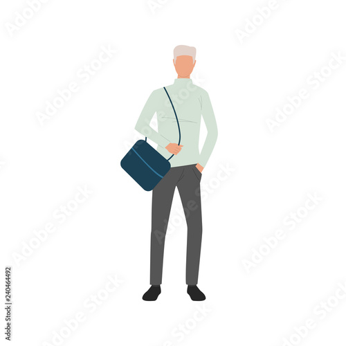 Man carrying laptop bag flat icon. Guy, male, programmer, freelancer. People concept. Vector illustration can be used for topics like age, occupation, lifestyle
