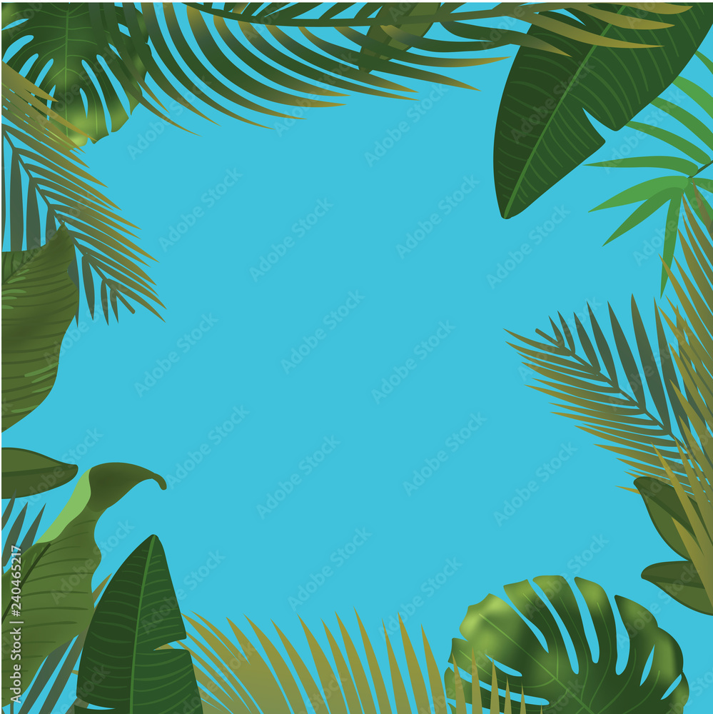 Background with realistic green palm leaf branches on blue background. flat lay, top view
