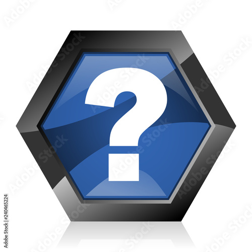 Question mark dark blue glossy hexagon geometric diamond vector web icon with reflection on white background. Modern design hexagonal internet ask button.