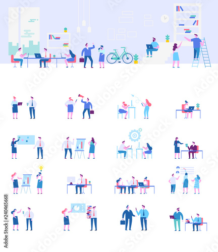 Coworking people flat vector set. Business meeting. Teamwork. Business people, freelancers working together. Office life. Concept design for web. Cartoon Flat style characters.