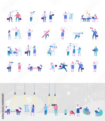 Coworking people flat vector set. Business meeting. Teamwork. Business people, freelancers working together. Office life. Concept design for web. Cartoon Flat style characters.