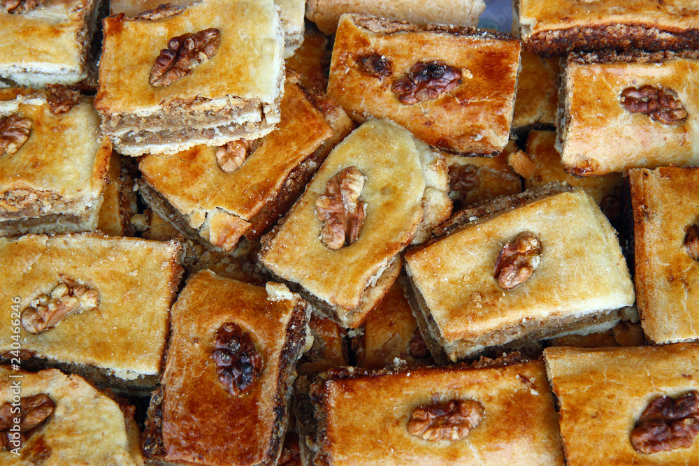 Traditional arabic dessert Baklava with honey and walnuts