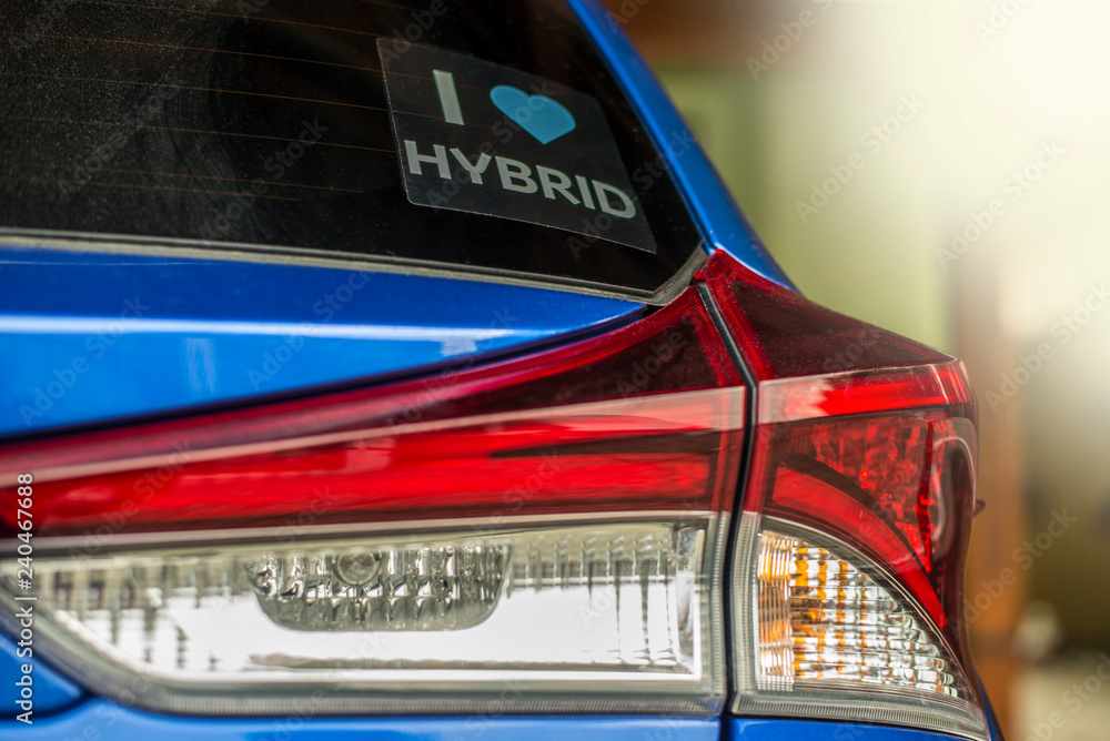 Obraz premium Hybrid car sign. Ecology vehicle safe to environment