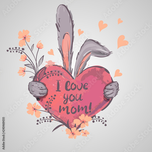 Fototapeta Kartkę z życzeniami na dzień matki. Królik gospodarstwa serca Mamo, jesteś najlepszy. kocham Cię Mamo