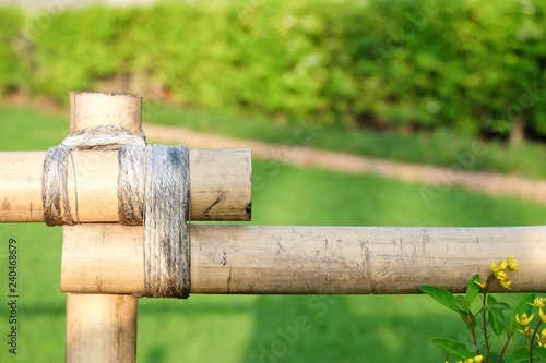 Bamboo fence tied with rope on green lawn Background.