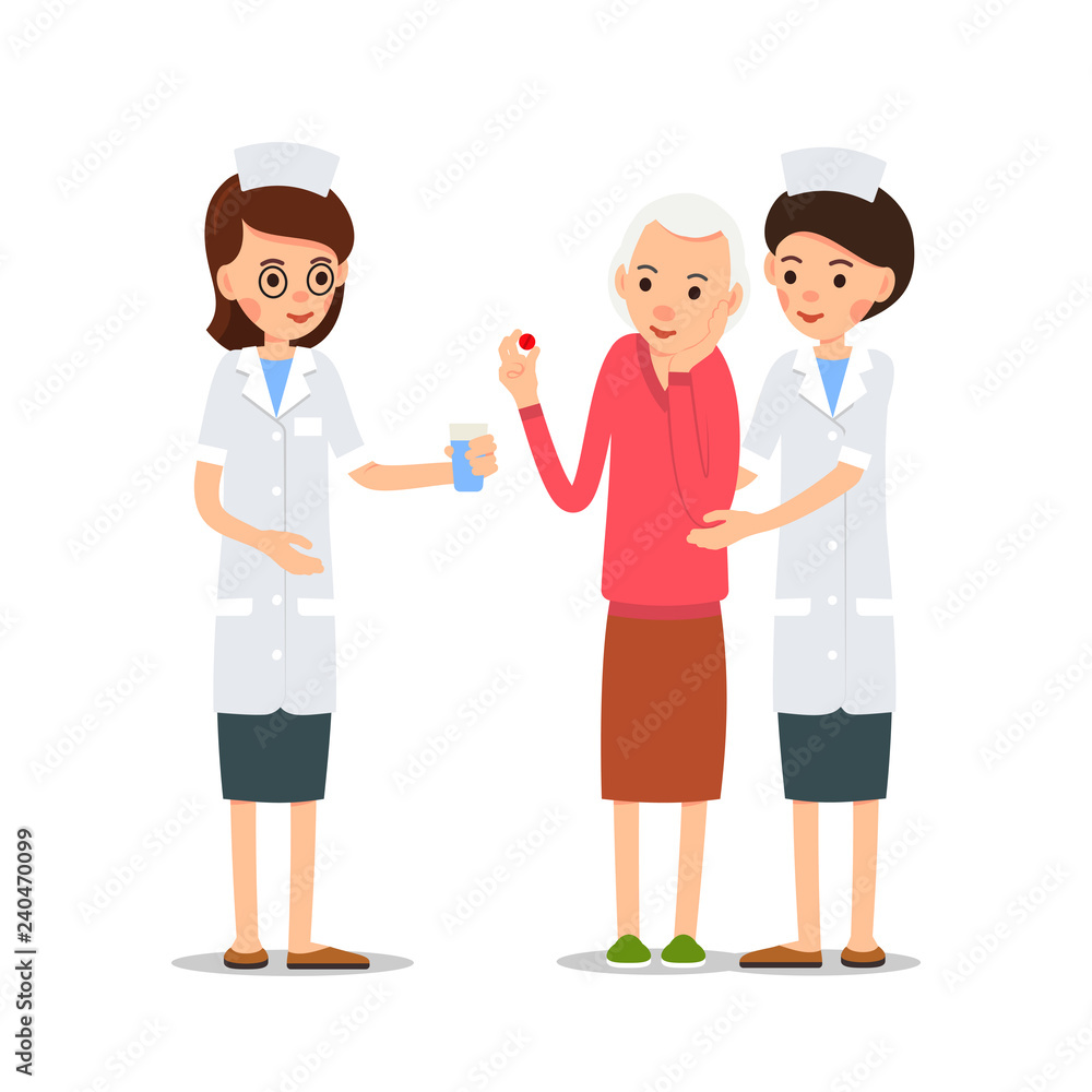 Woman doctor gives sick glass of water. Nurse supports the sick. Elderly patient holds pill in her hand, the other hand holds the cheek, which hurts. Illustration isolated on white background in flat Woman doctor gives sick glass of water. Nurse supports the sick. Elderly patient holds pill in her hand, the other hand holds the cheek, which hurts. Illustration isolated on white background in flat
