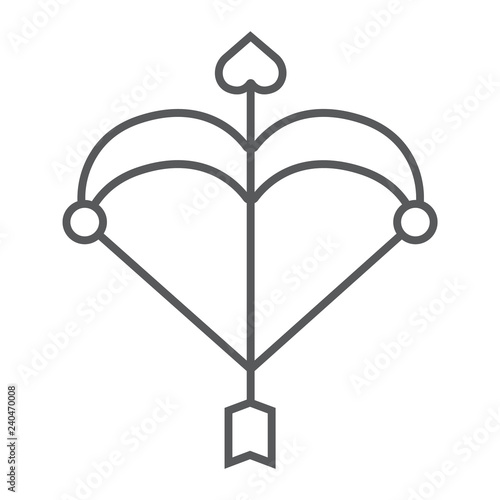 Cupid bow thin line icon, love and valentine, arrow with a heart sign, vector graphics, a linear pattern on a white background.