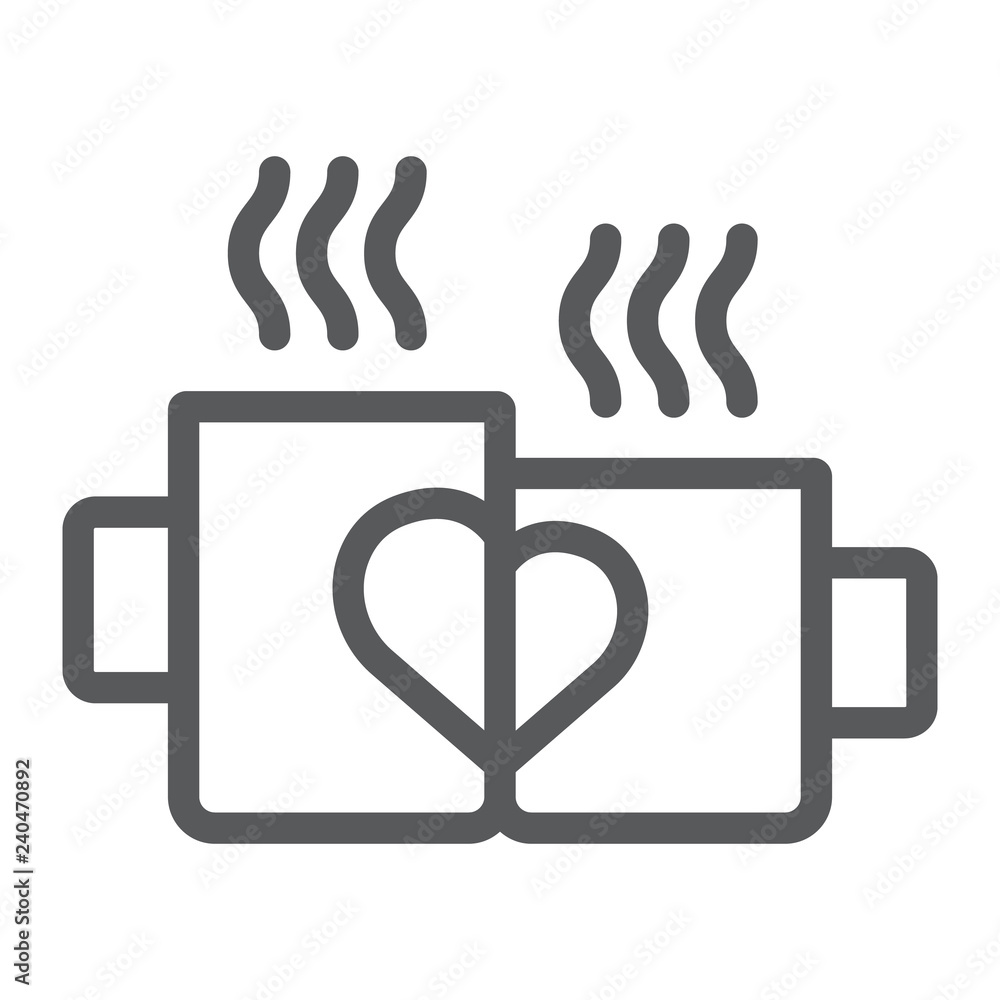 Mugs with heart line icon, drink and romance, love cup sign, vector graphics, a linear pattern on a white background. Mugs with heart line icon, drink and romance, love cup sign, vector graphics, a linear pattern on a white background.