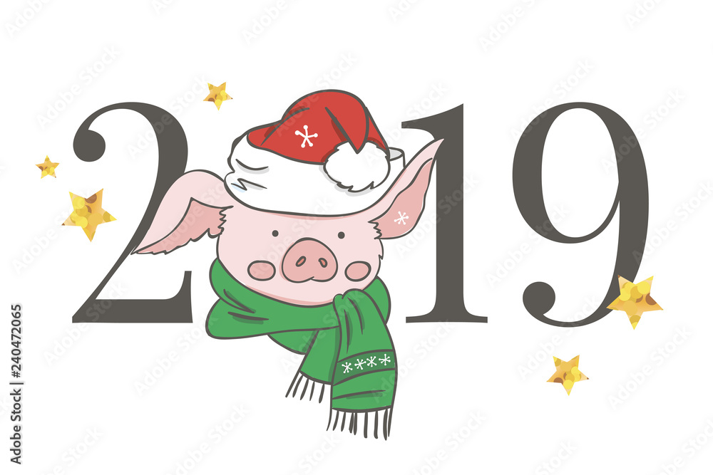 Fototapeta premium Cute pink pig. Happy New Year. Chinese symbol of the 2019 year. Excellent festive gift card. Vector illustration on white background.