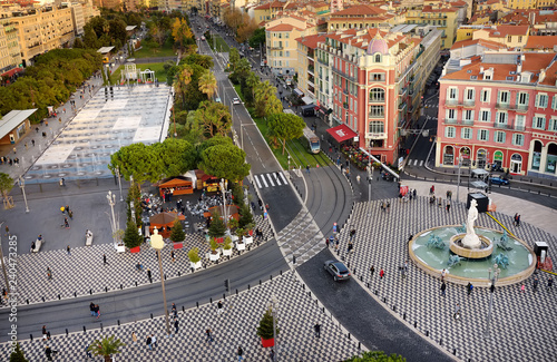 Aerial view of Place Massena square, La promenade du Pavillon park and fountain, Nice, France photo