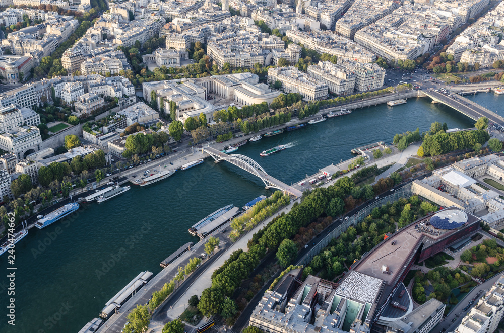aerial view of river Seine in the city of Paris