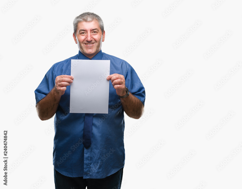 Handsome senior man holding blank sheet paper over isolated background with a happy face standing and smiling with a confident smile showing teeth Handsome senior man holding blank sheet paper over isolated background with a happy face standing and smiling with a confident smile showing teeth