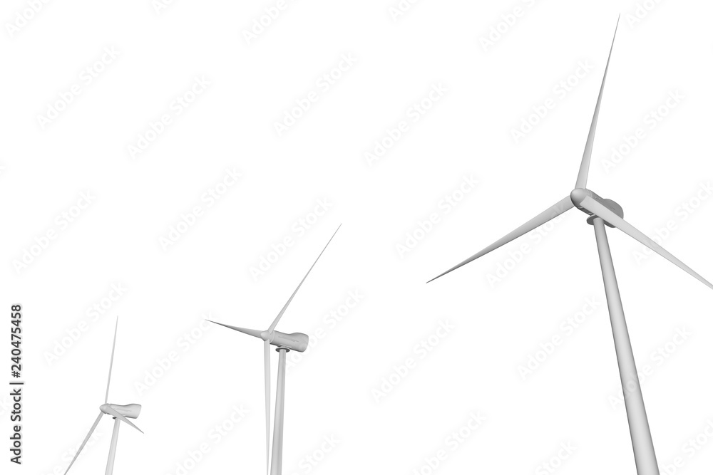 Three windmills with different angles of rotation - perspective view isolated on white background - eco power industrial illustration, 3D illustration Three windmills with different angles of rotation - perspective view isolated on white background - eco power industrial illustration, 3D illustration