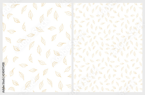 Delicate Hand Drawn Floral Vector Pattern. Light Gold Leaves on a White Background. Subtle Pastel Color Drawing. Lovely Repeatable Pattern.
