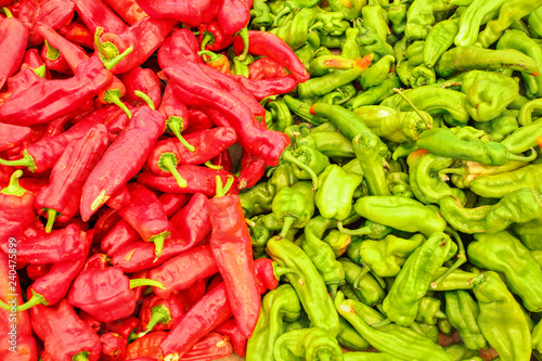 Red and green peppers displayed on food market in Kyrenia, Northern Cyprus, view from above.