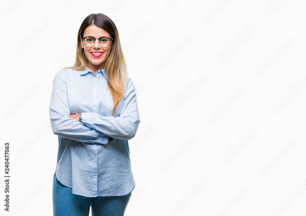 Young beautiful business woman wearing glasses over isolated background happy face smiling with crossed arms looking at the camera. Positive person. Young beautiful business woman wearing glasses over isolated background happy face smiling with crossed arms looking at the camera. Positive person.