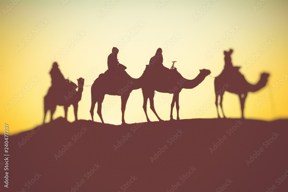 Camel caravan with people going through the sand dunes in the Sahara Desert. Morocco, Africa. Camel caravan with people going through the sand dunes in the Sahara Desert. Morocco, Africa.
